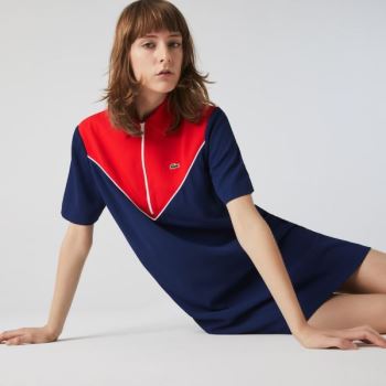 Lacoste Zip-Collar Colorblock Polo Dress Dámské - Šaty Blankyt / Bílé / Červené | CZ-PRTcax